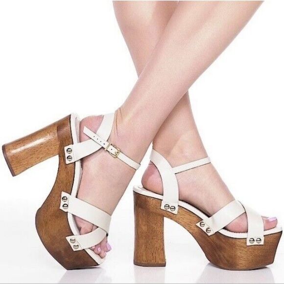 🆕️ Schutz Gaylah Leather & Wood Platform Sandals in White - Picture 4 of 13